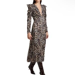 FARM Rio Leopard Print Maxi Dress Ruffle Shoulder Long Sleeve